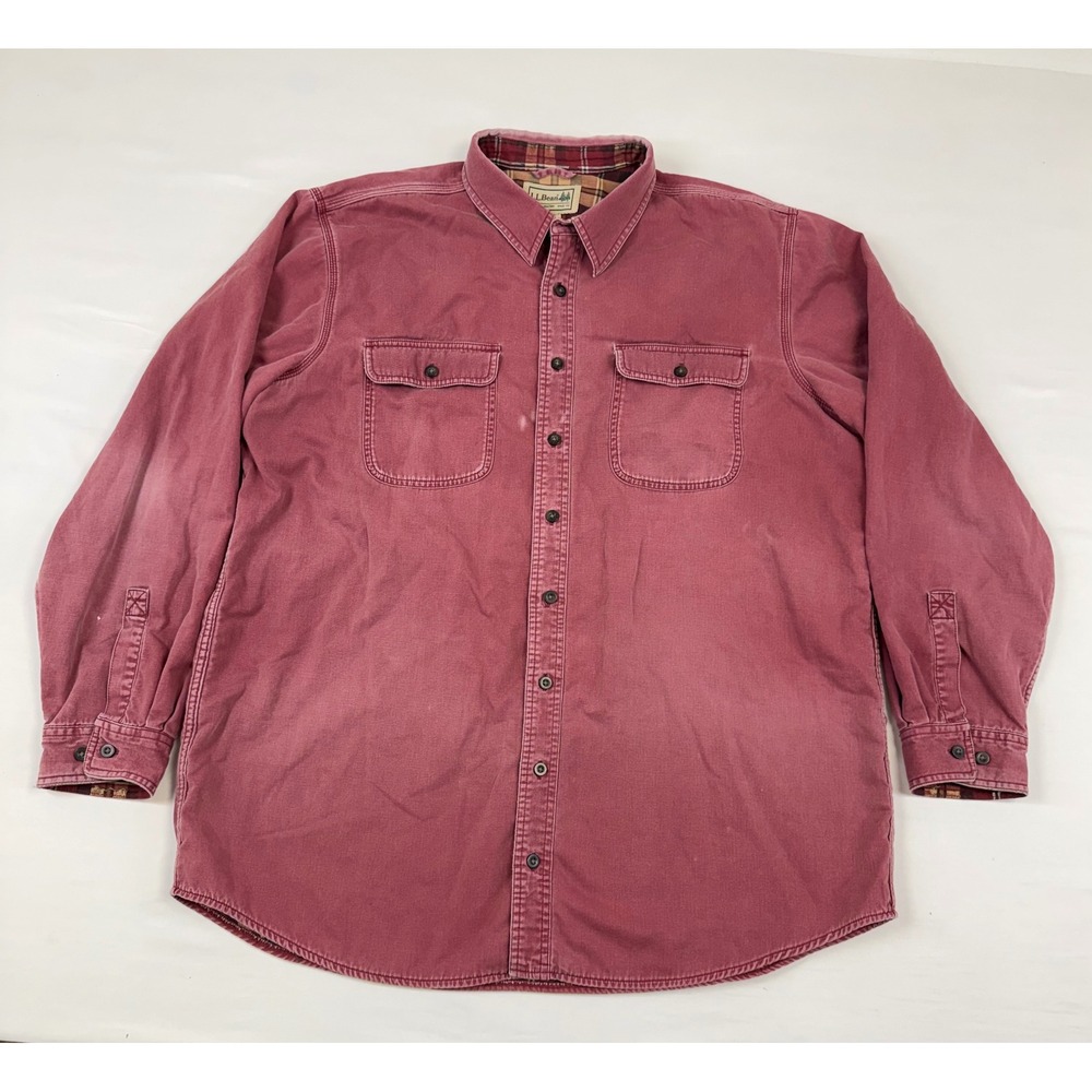 Vtg Distressed LL Bean Flannel Lined Shirt‎ Mens XL Tall Burgundy Red Cotton